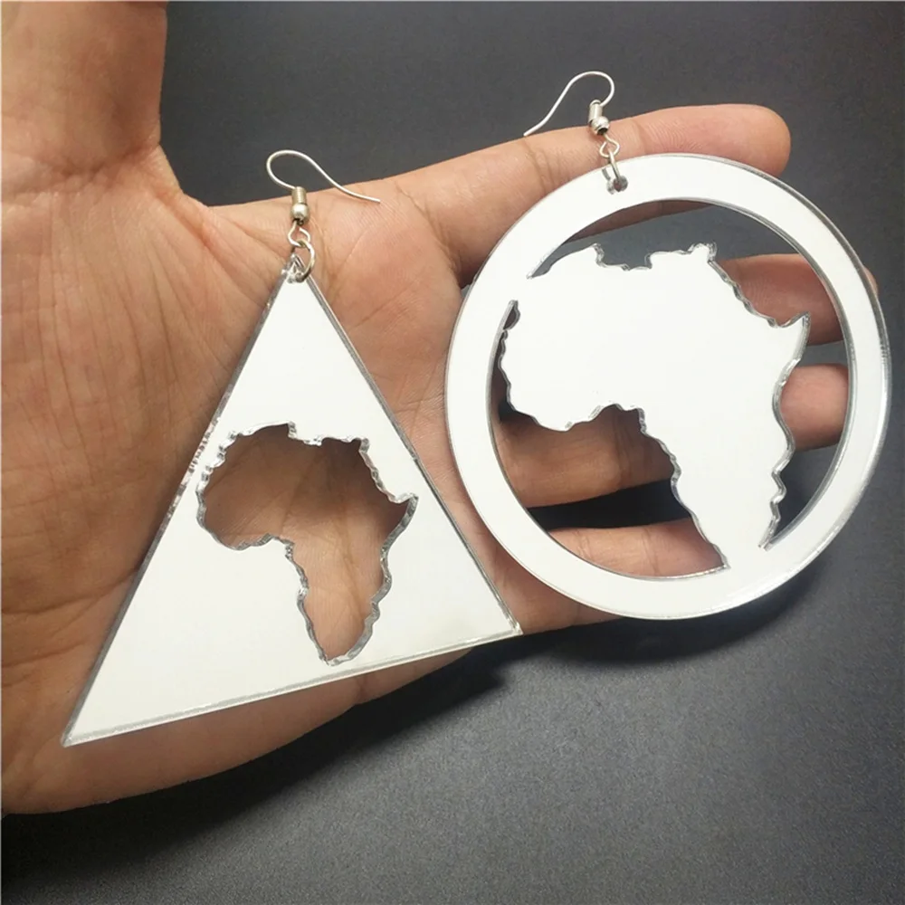 KUGUYS Große Ohrringe mit Acryl-Afrika-Karte für Damen, Spiegel-Gold-Silber-Farbe, Hyperbole-Schmuck, dreieckige, runde Accessoires – Detail 13