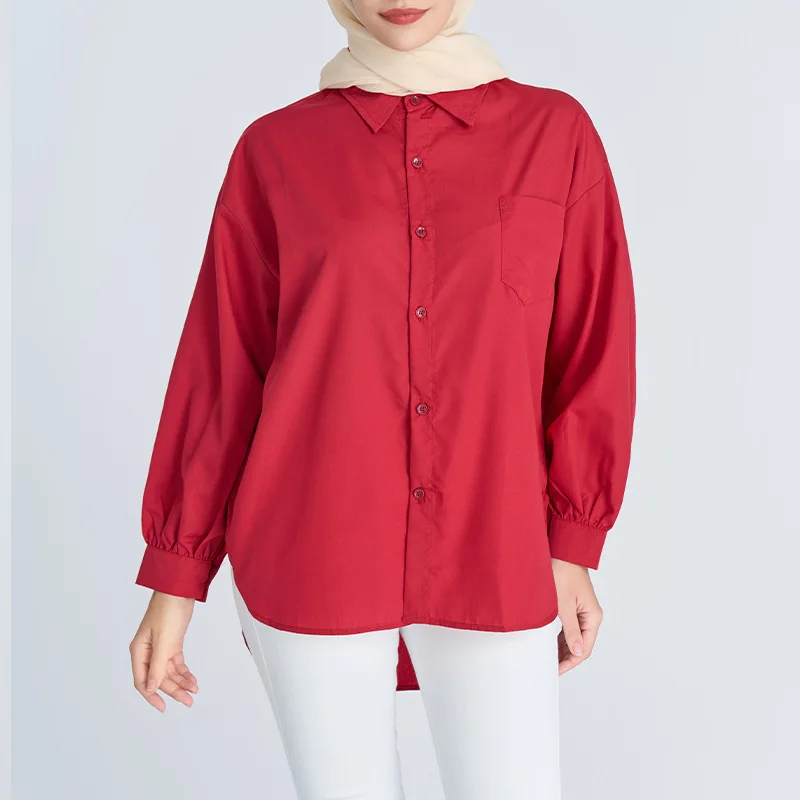 2023 Solid Color Top European and American Pocket Decoration Women's Basic Style Long Sleeve Shirt Tops for Muslim Women