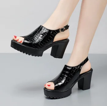 Women Small Size 32-43 Elegant Block High Heels Sandals Patent Leather Shoes Summer Thick Platform Sandals Wom Office Model