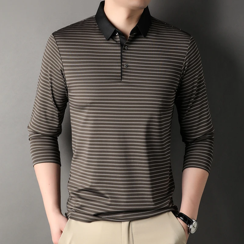 

High Elasticity Striped Men's Polo Shirts Luxury Seamless Long Sleeve Spring Autumn Business Casual Male T-shirts 4XL