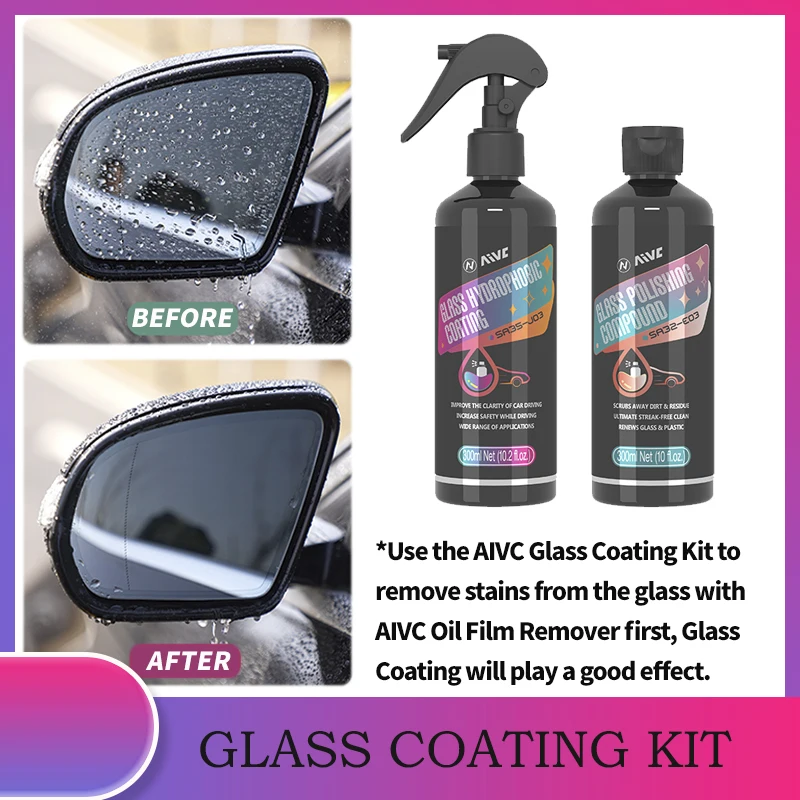 Car Glass Hydrophobic Coating Kit Windshield Oil Film Remover AIVC 300ml  Glass Nano Waterproof Spray Cleaning Set Car Detailing