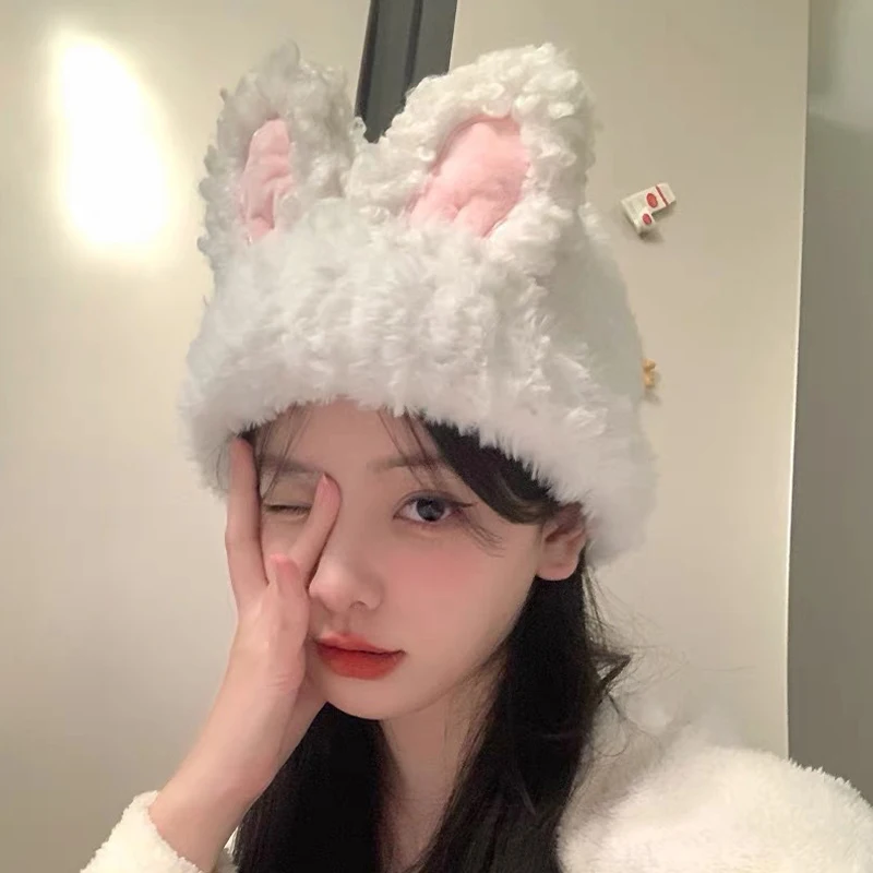 Cute Plush Rabbit Ears Wool Hat Women Autumn And Winter Warm Simple Knitted Cap Sweet Versatile Ear Protector Beanie Hats