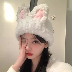 Cute Plush Rabbit Ears Wool Hat Women Autumn And Winter Warm Simple Knitted Cap Sweet Versatile Ear Protector Beanie Hats