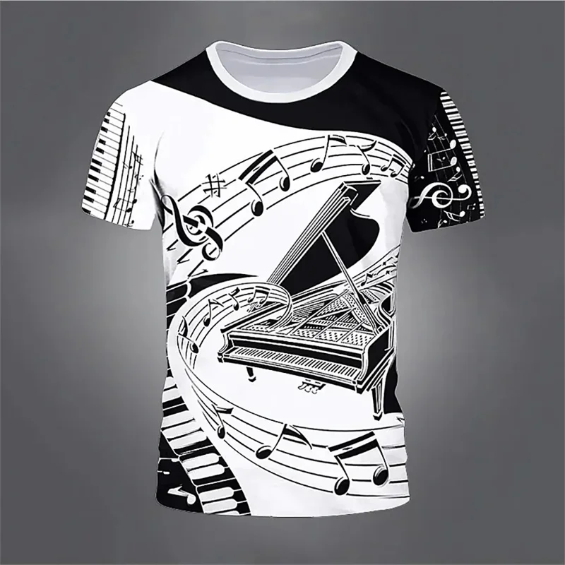 

3D Printed Piano Notes Men's And Women's Round Neck T-shirt Oversized Short Sleeved Street Clothing Fashionable Summer