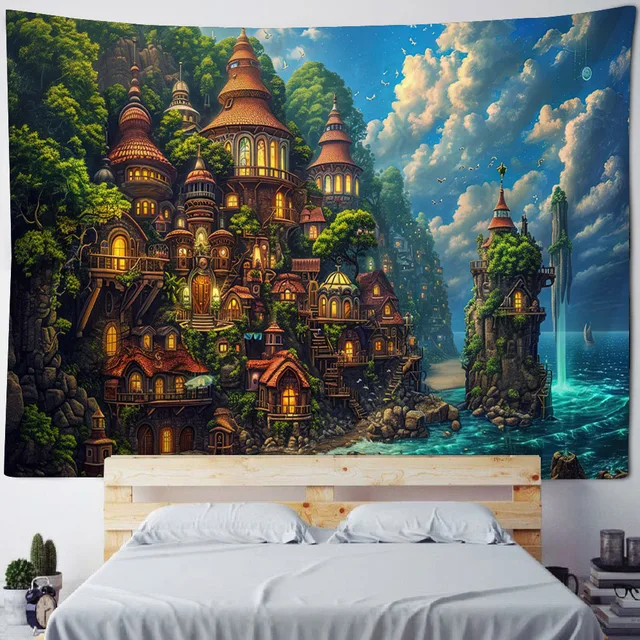 Beau tapisserie murale suspendue de paysage de bord de mer, tapisserie de château de rêve, tissu suspendu pour chambre à coucher, tapis de pique-nique de plage, feuilles de yoga 5