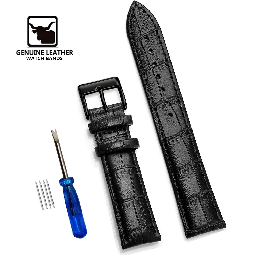 Classic Genuine Leather Watch Band with Soft Cowhide Strap and Adjustable Sizing Plus Tool