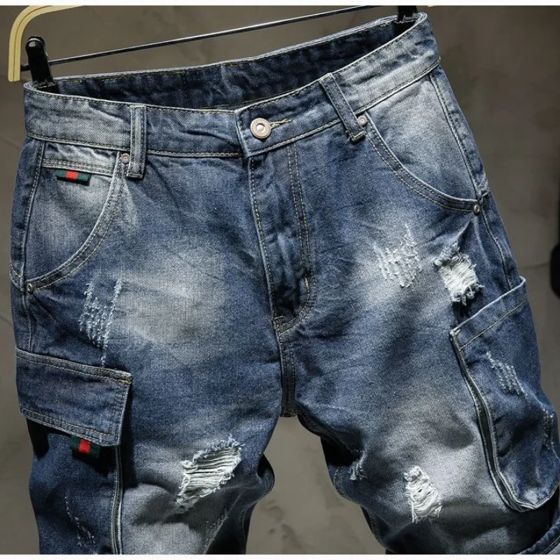 Summer Korean Luxury Washed Solid Ripped Shorts High Quality New Short Pants Fashion Casual Distressed Blue Designer Jeans Men