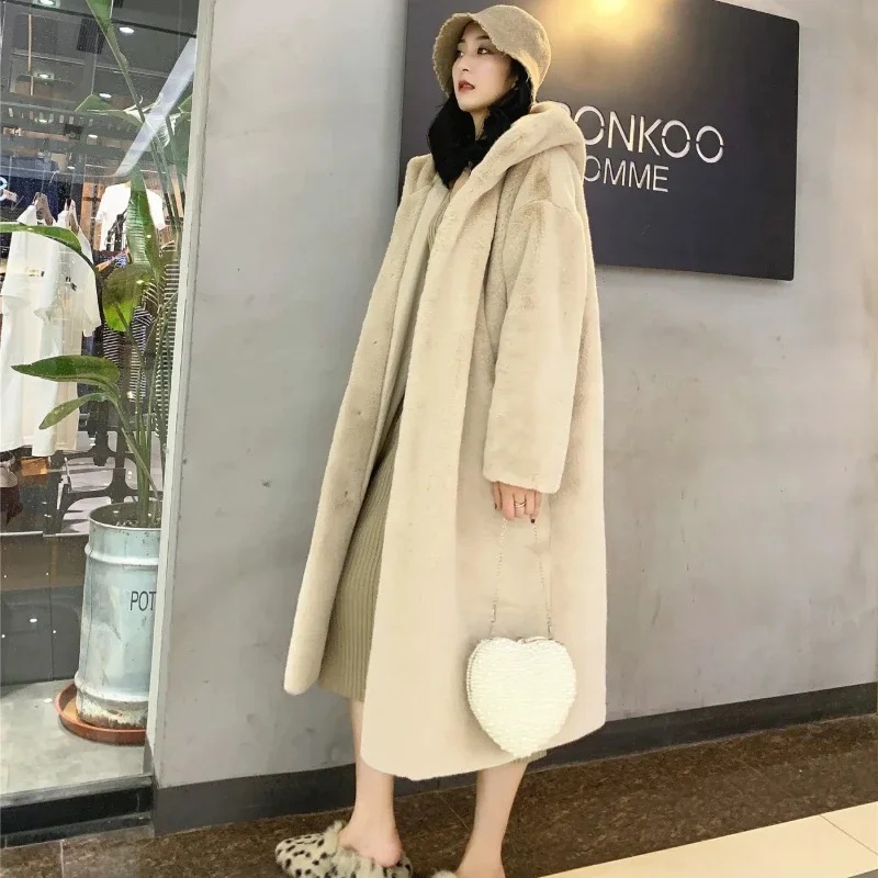 

Women Faux Fur Long Coats Autumn Winter Ladies Imitation Mink Fur Soft Warm Jacket Single Breasted Hooded Overcoat for Female