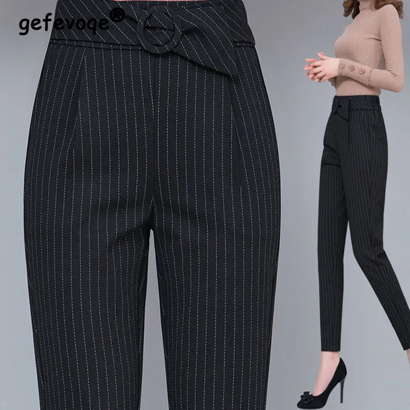 Black Office Lady Ankle-length Pants Striped Bright Line Decoration Women Belt Design Pencil Pants Elastic Waist Autumn Winter corduroy black apricot color embroidered label decoration drawstring screw thread alphabet printing ankle length pants female