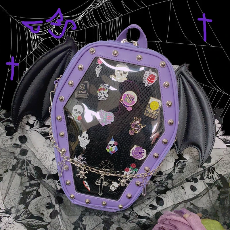 Gothic Punk Coffin Shape Ita Bag Women Clear Backpacks Dark Lolita