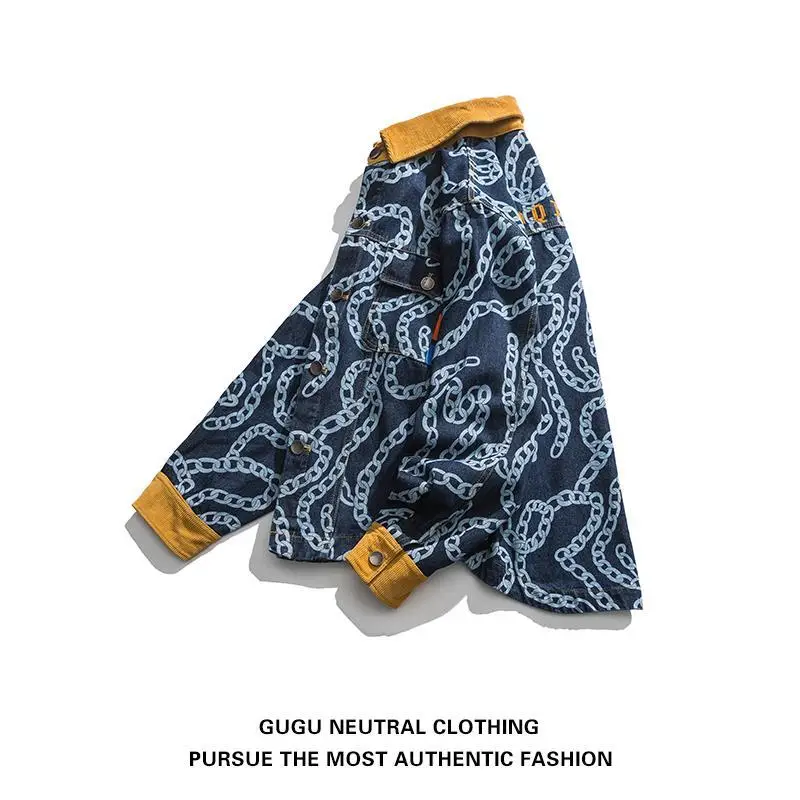 American Casual Fashion Brand Denim Shirt Men Printing Color Contrast Hip Hop Jacket Street Couple Trend Shirt Workwear Men