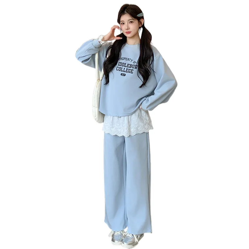 임부복 세트 가을 신상 한국 스타일 캐주얼 나이 감소 루즈 패치워크 레이스 프린트 스웨트셔츠와 바지 투피스 세트