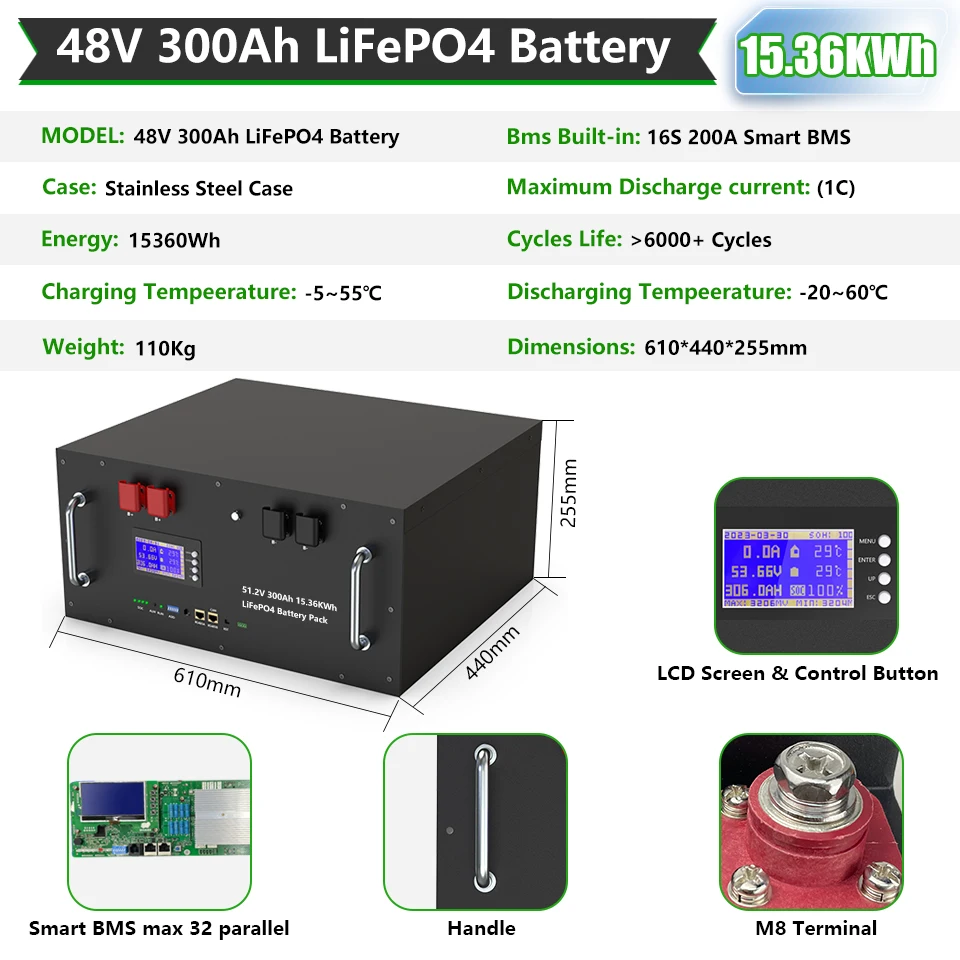 LiFePO4 48V 300Ah Akkupack 15kWh 6500+ Zyklen 16S 51.2V Bluetooth RS485 CAN PC-Monitor BMS 150Ah 120Ah 100Ah Lithium-Batterie für Heimspeicher und Solaranlagen – EU-Lagerbestand – Detail 5