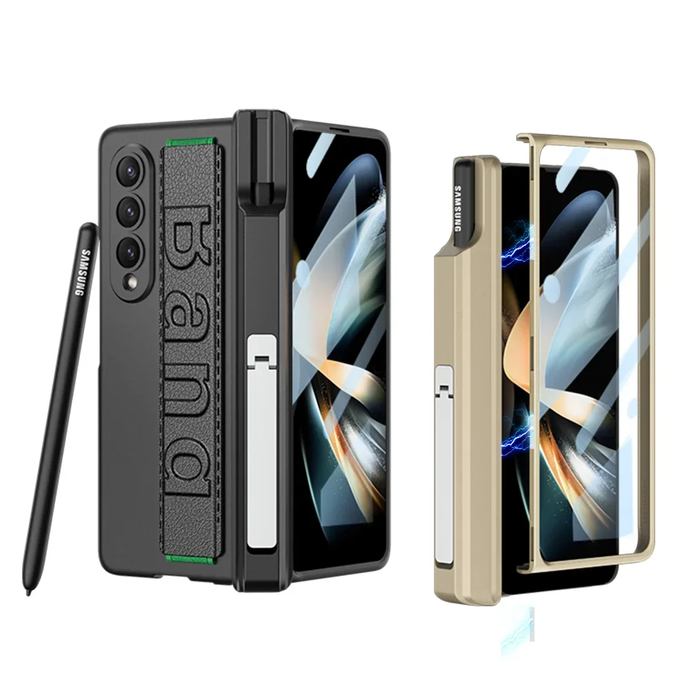 

Magnetic Hinge Pen Holder Wristband For Samsung Galaxy Z Fold 4 5G Fold4 Case with Glass Film Kickstand Hard Shockproof Cover