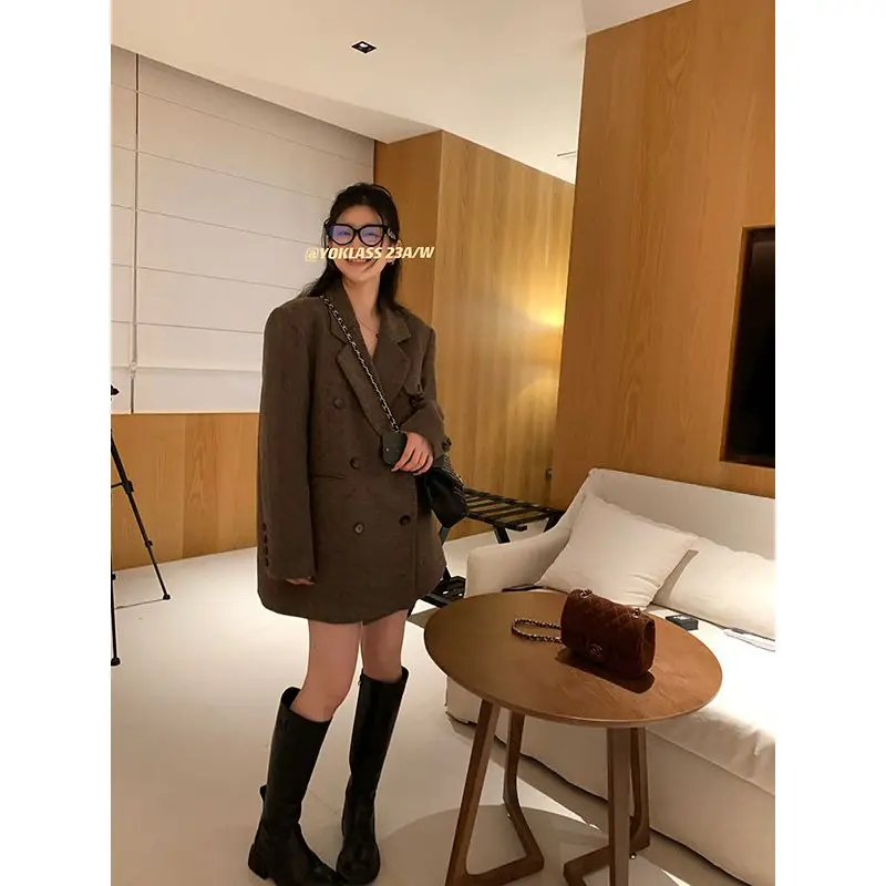 

2023 New Women's Woolen Suit Jacket Autumn and Winter High-end Sense Woolen Double-breasted Casual Small Suit Coat Long Suit Top
