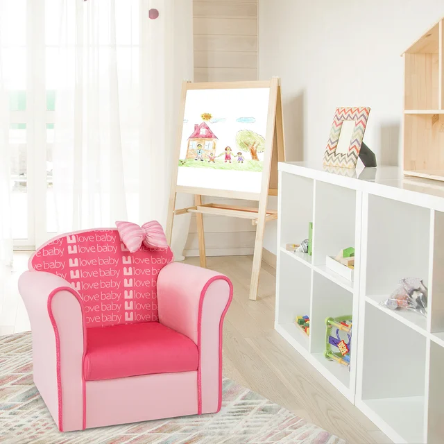 Kids Cute Pink Bow Sofa Children Couch Toddler Upholstered Armchair Solid Wood
