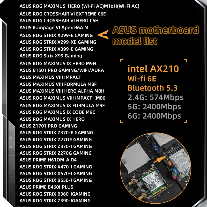 Intel Ax210 Asus Wifi ir Adaptador de Rede Wi-fi 6e sem Fio Bluetooth 5.3 5374mbps Wi-fi Cartão para Asus B550 X570 Antena de Ganho Alto - Imagem 3