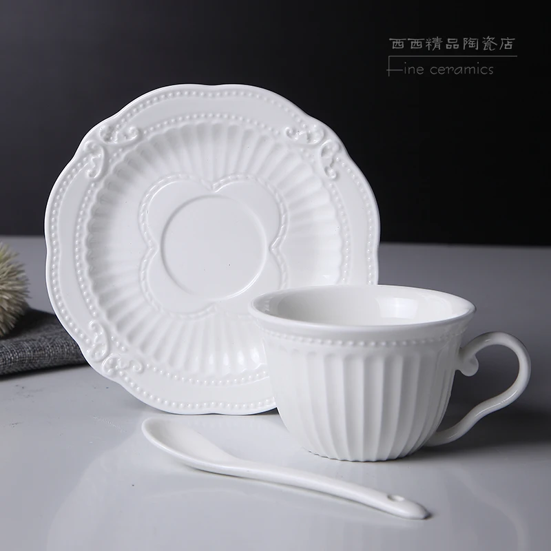 180ml. White Embossed Porcelain Espresso Cup With Saucer, Ceramic Tea