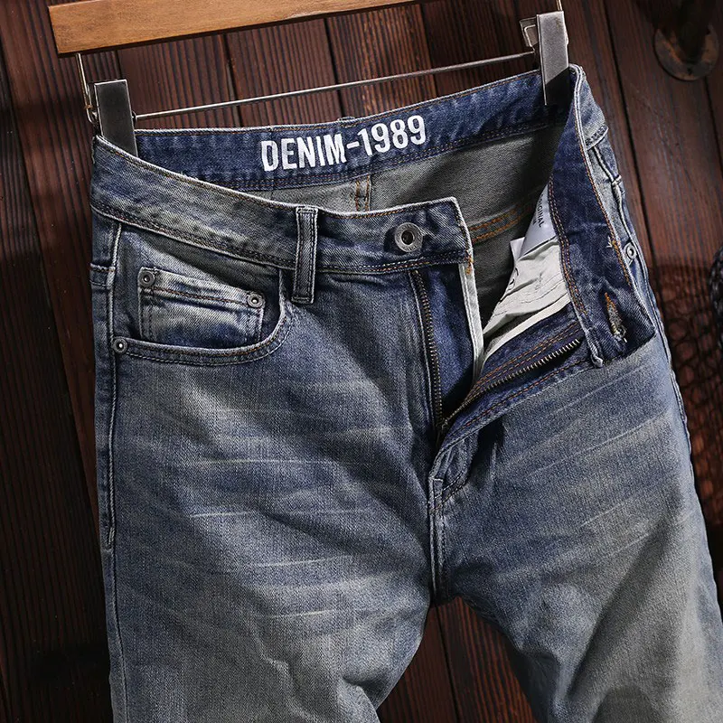 Italian Style Fashion Men Jeans High Quality Retro Washed Blue Stretch Slim Fit Vintage Jeans Men Designer Denim Pants Hombre