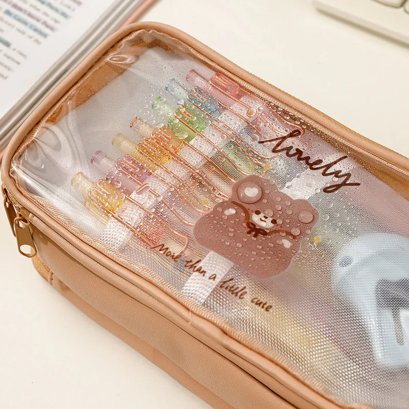 Cute Pencil Bag Transparent PVC Student Cartoon Pencil Case Large Capacity Kawaii Bag Korean Stationery
