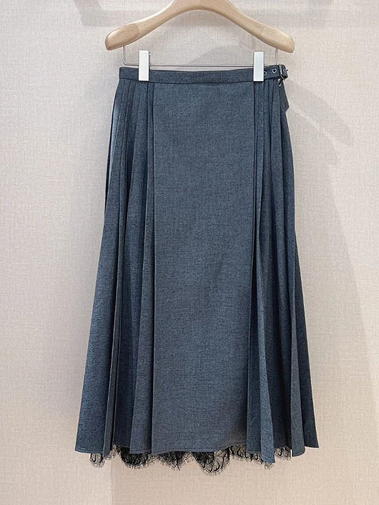 Designer 2022 Elary Autumn Midi Skirt Women Gray Black Fashion Pleat