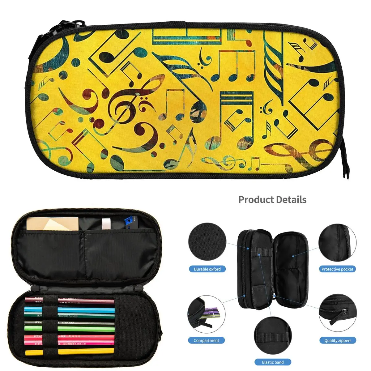 학생 선물용 다채로운 음표 패턴 연필 케이스 펜 박스 연필 가방 대용량 연필 파우치