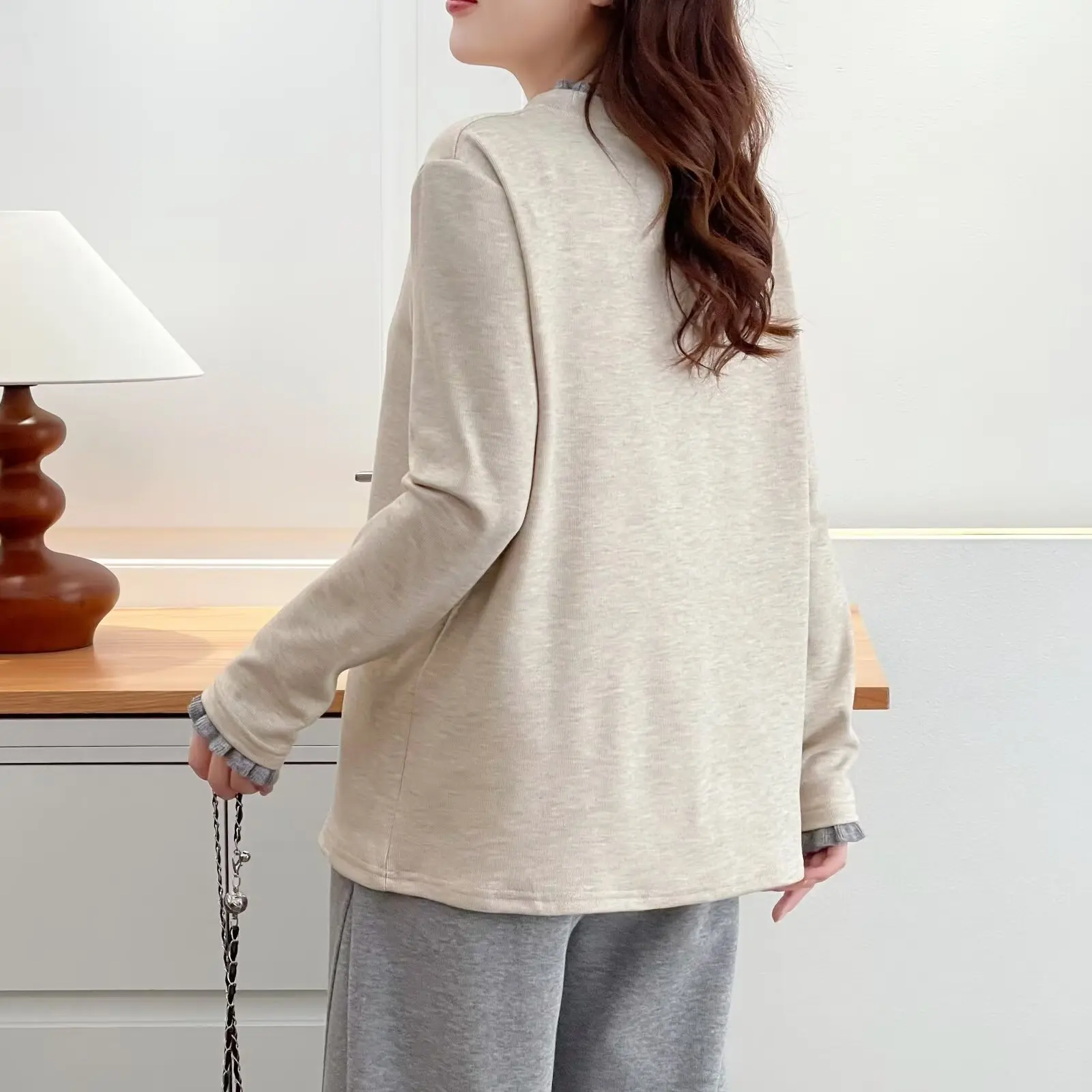 XXXXL Fashion Plus Size Women's T-Shirt New Autumn And Winter Fleece Warm Block Color Ruffled Collar Long Sleeved Basetops 831