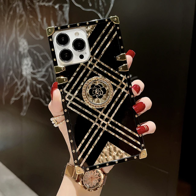 Black gold Luxury square Fashion Brand Stand Phone Case For iPhone 13 11 12  Pro XS Max 13pro XR X 7 8 Plus Ring holder Cover - AliExpress