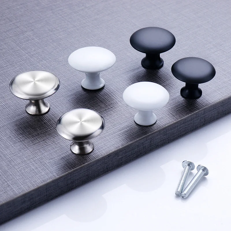 European Mushroom Porcelain White Black Single Hole Handle 4PCS Modern Simple Wardrobe Cabinet Round Stainless Steel Drawer furniture knobs