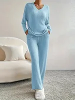 Autumn Winter 2 Pieces Pajamas Set for Women Sleepwear V-neck Ribbed Knit Tops and Trousers Homewear Casual Outfits - Image 4