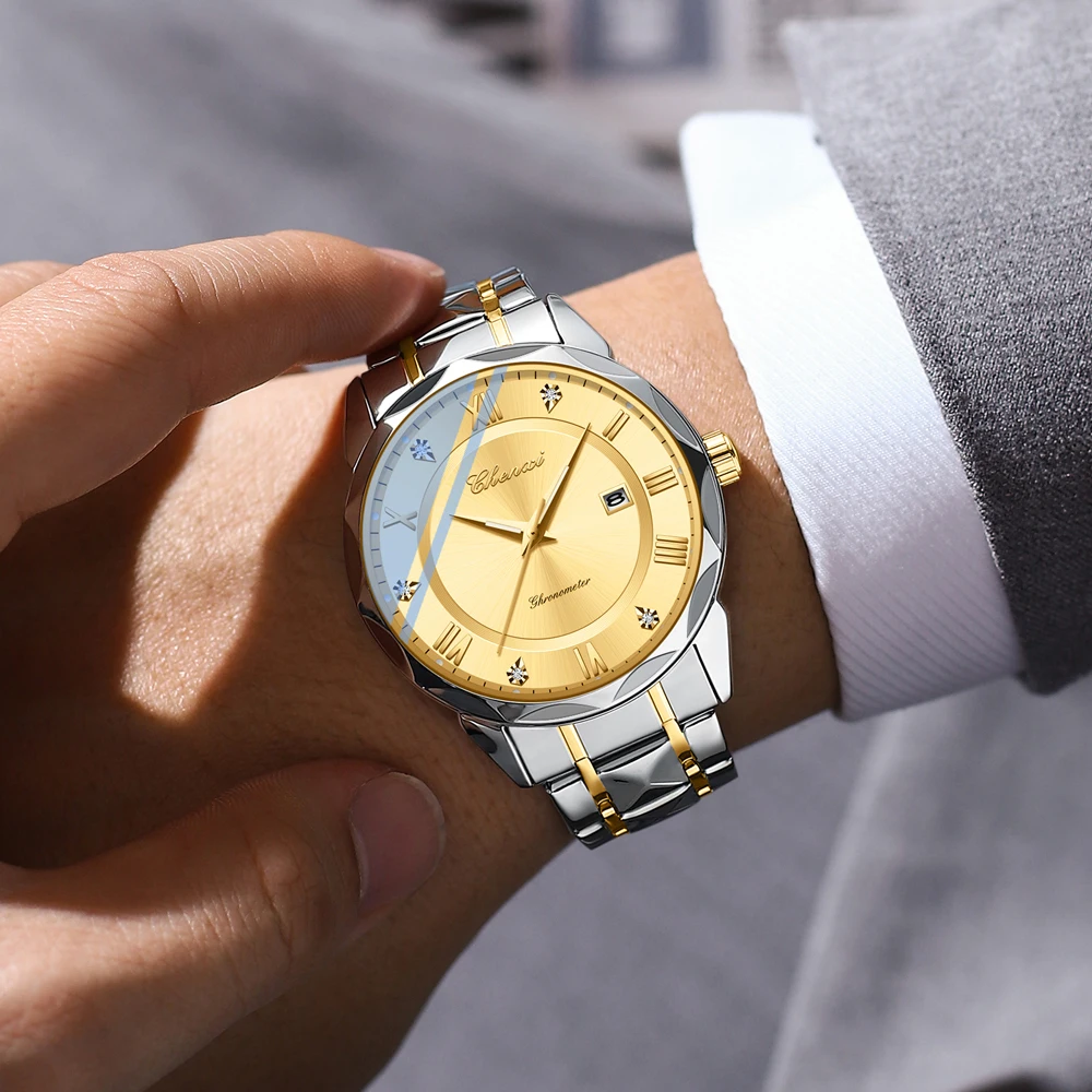 Chenxi Fashion Luxury Men's Watch Stainless Steel Rhinestone Scale Layering Dial Waterproof Luminous Calendar Quartz  Wristwatch, Alina Gadgets