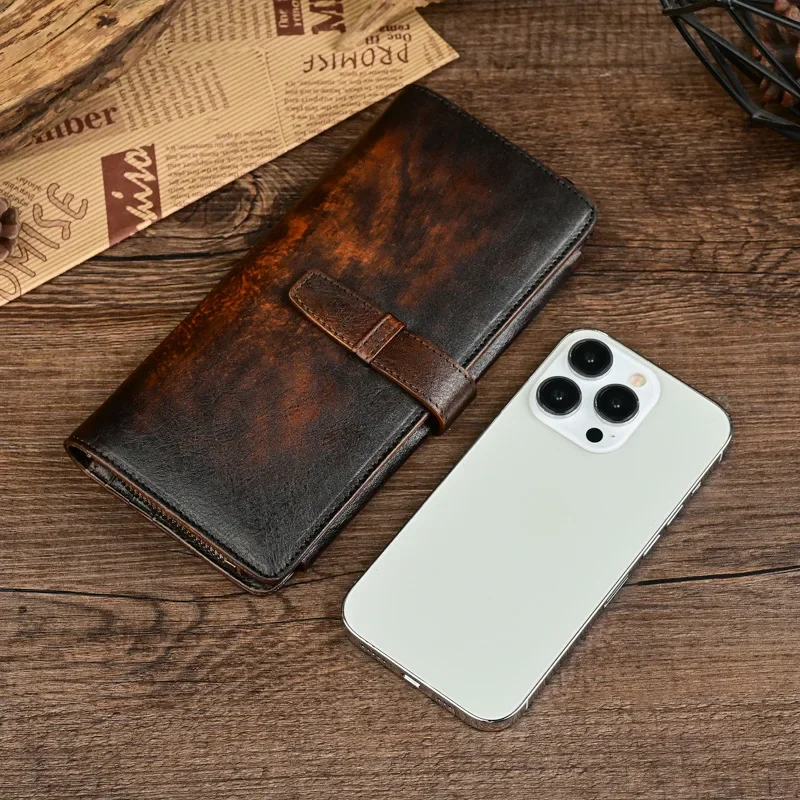 Vintage Distressed Leather Men's Wallet with Multiple Card Slots and Zipper Coin Pocket