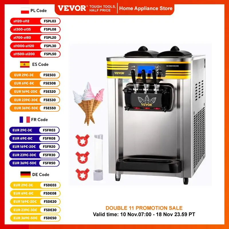Ice Cream Maker 22-30L/H Yield 2350W Countertop Soft Serve Machine 2x6L Hopper 2L Cylinder LCD Panel