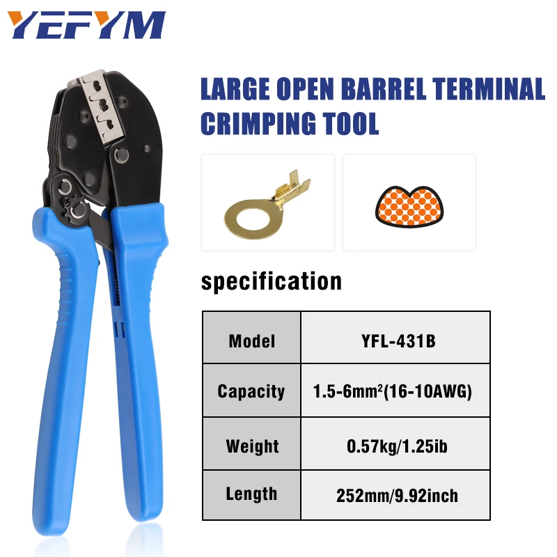 For Open Barrel Terminals YFL-431B Wire Crimping Pliers 6.3/8.2/10.2mm Spade 16-10AMG Crimping Tools Manual Crimp Fold Tools 2