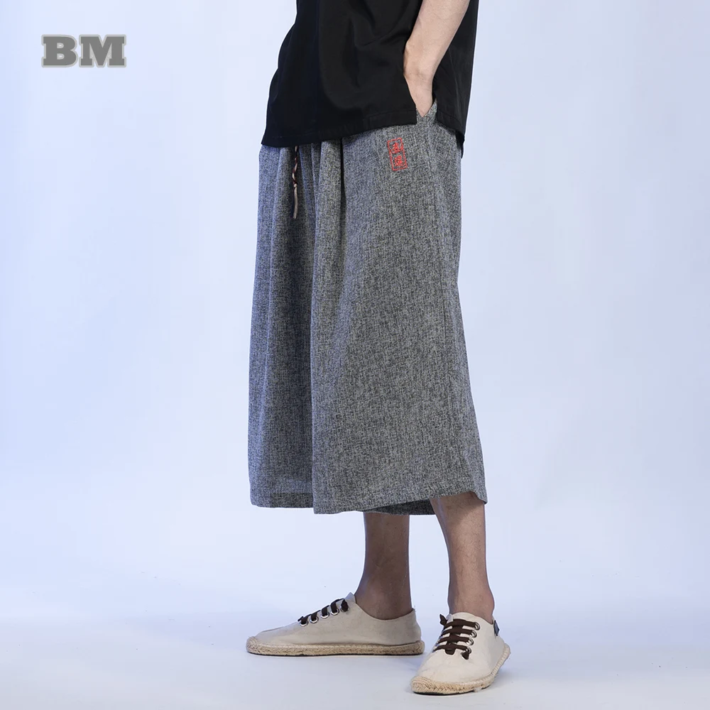 

Summer Chinese Style Text Embroidery Loose Plus Size Casual Wide Pants Ethnic Style Straight Leg Cropped Pants Men Clothing
