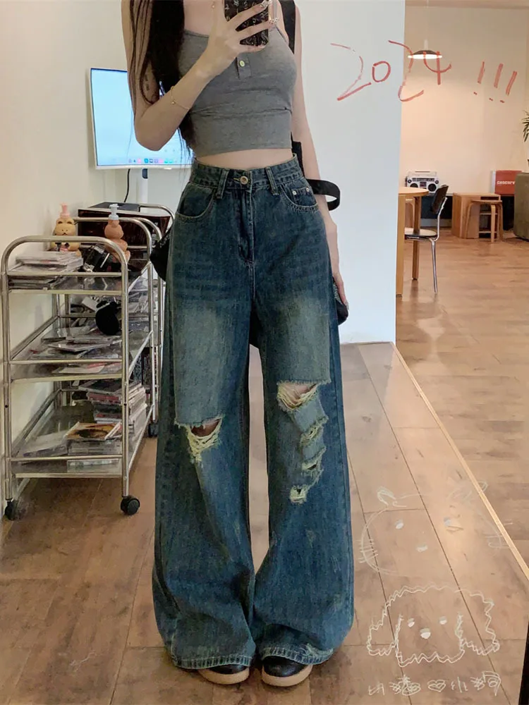 

Blue Women Jeans High Waist Fashion American Hollow Out Design Y2K Worn-out Chic Wide Leg Jean Female Trouser Baggy Denim Pants