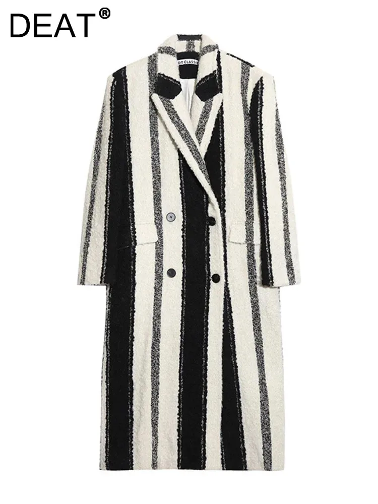 

DEAT Fashion Women Striped Woolen Coat Notched Double Breasted Long Sleeve Rear Fork Thick Overcoat Winter 2024 New Tide 7AB2978