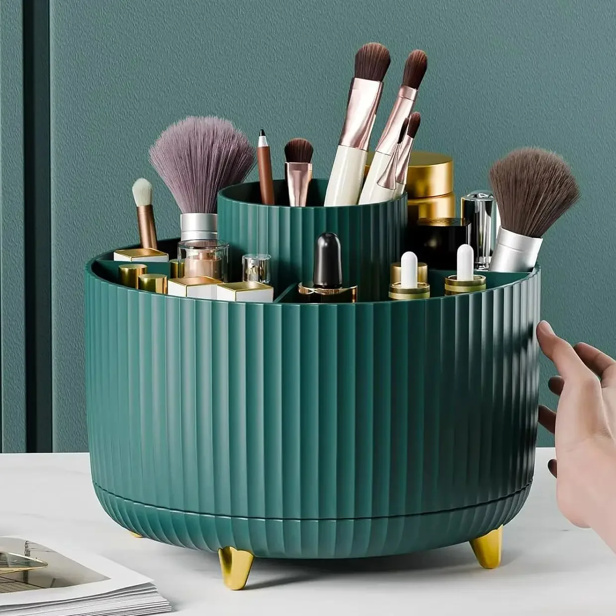 1pc 360°Rotating Makeup Organizer Storage Elegant Stripe Makeup Brushes Holder 5-Compartment Cosmetic Holder for Vanity Bathroom 5
