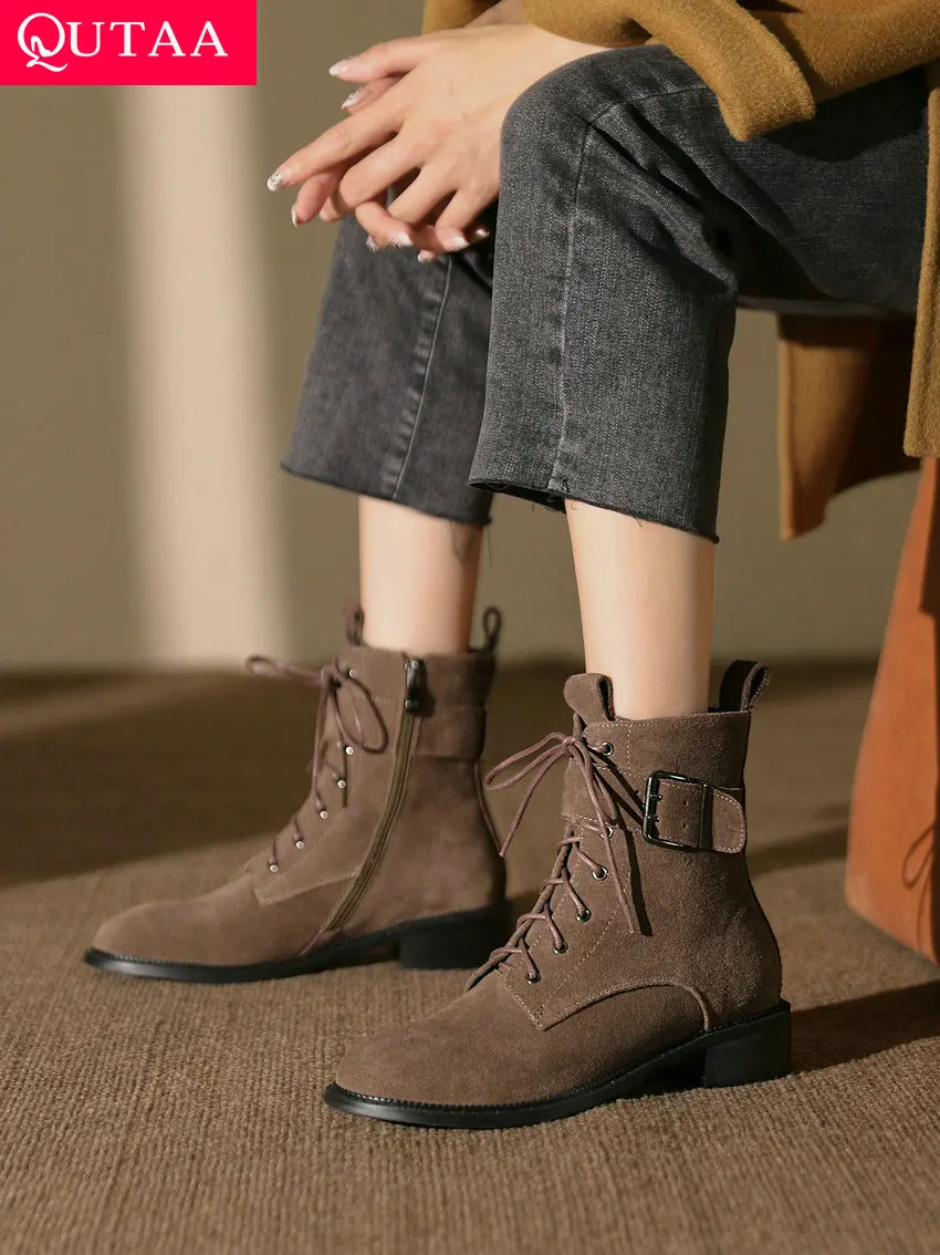 

QUTAA 2023 Women Genuine Leather Ankle Boots Autumn Winter Low Heels Lace-Up Zipper Genuine Leather Shoes Woman Size 34-39