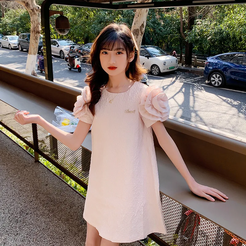 

Childrens teens girls dress 2022 summer new western style pink big girls princess dresses 3-15 years kids clothes