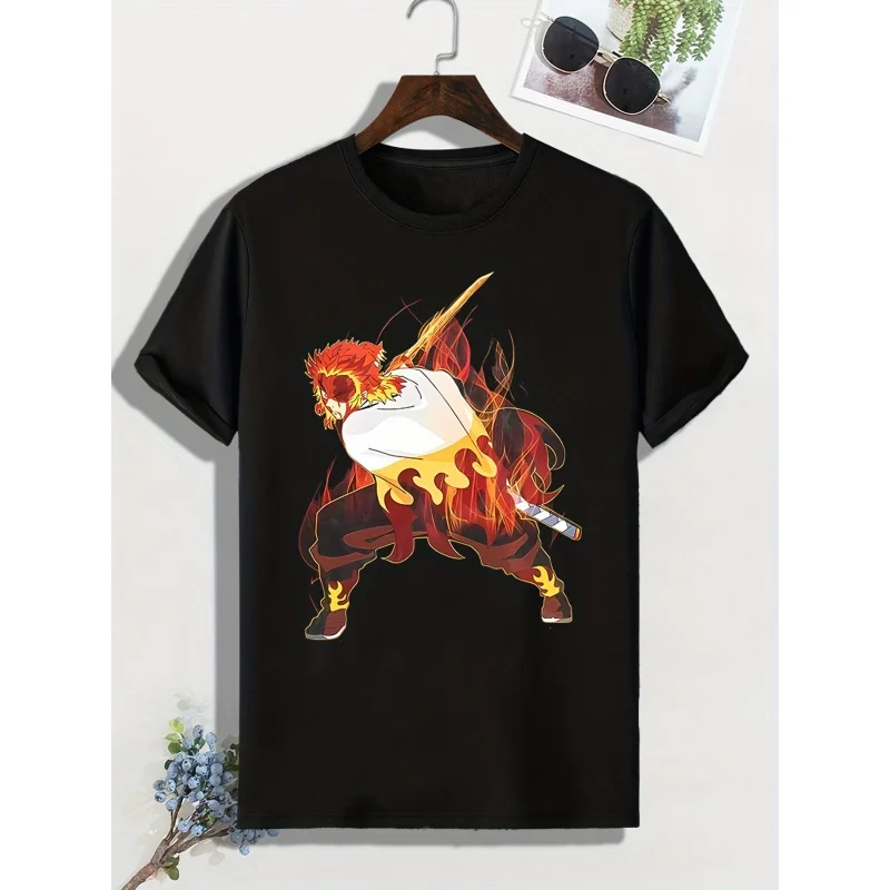 

Anime warrior print, men's graphic design crew collar novel T-shirt, casual comfort, summer, clothing top for everyday resort
