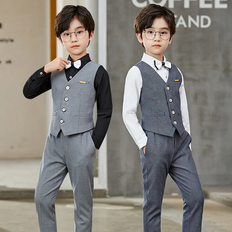 Gray Formal Baby Boy Suits Elegant Children School Uniform Gentleman New Year Kids Clothes Dresses Boy Wedding Outfits