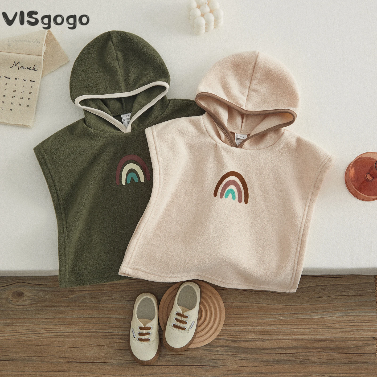 VISgogo Boys Girls Bathrobe Rainbow Print Hooded Design Cape Look Soft Home Pajama Bathrobe