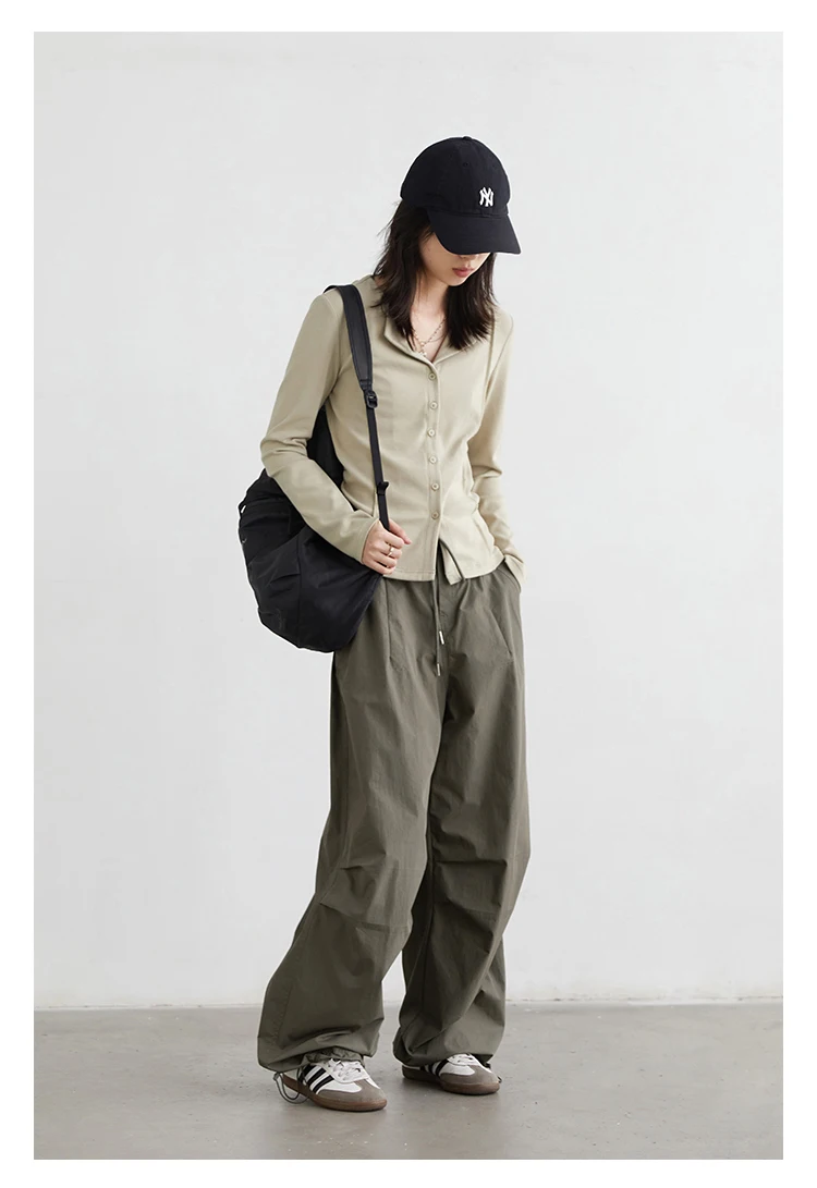 CHIC VEN Women Pants Solid Loose Casual Outdoor Workwear Female Wide Leg Trousers Drawstring Windproof Spring Autumn 2025