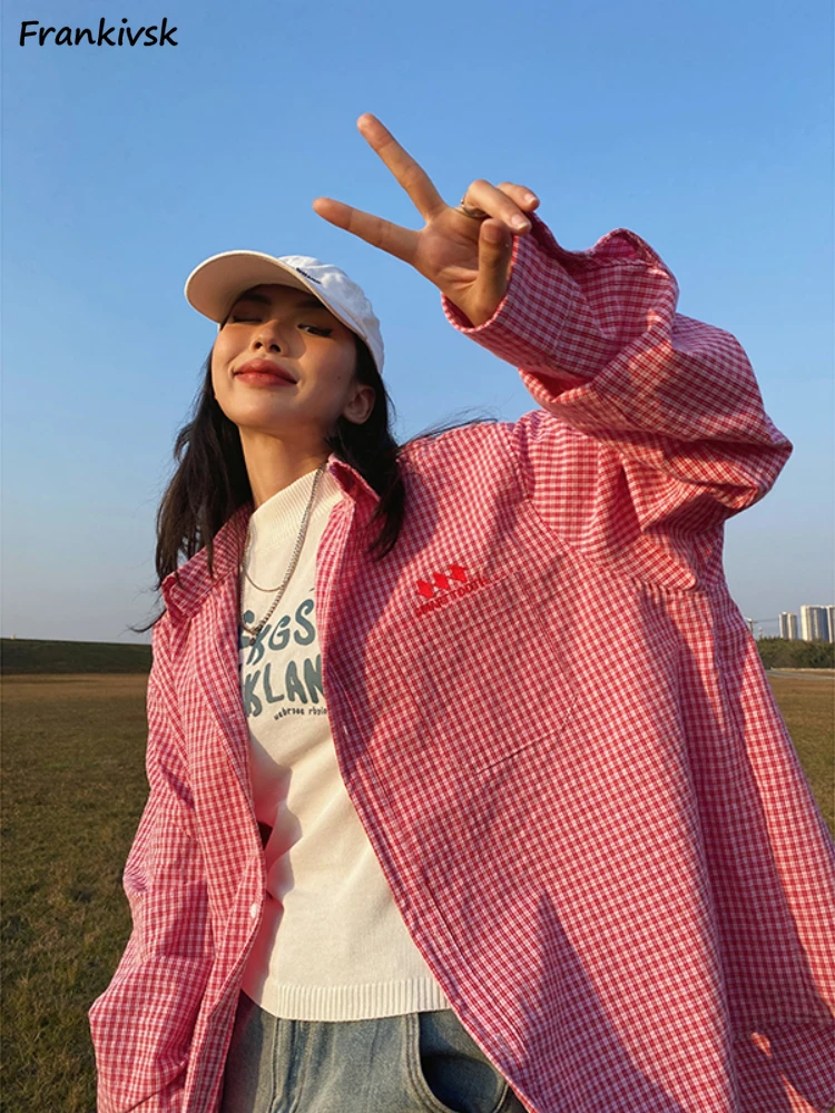 

Plaid Shirts Women Pleated Japanese Style Retro Leisure Streetwear Colorful Sweet Full Sleeve Fashion Loose Elegant Pocket Daily