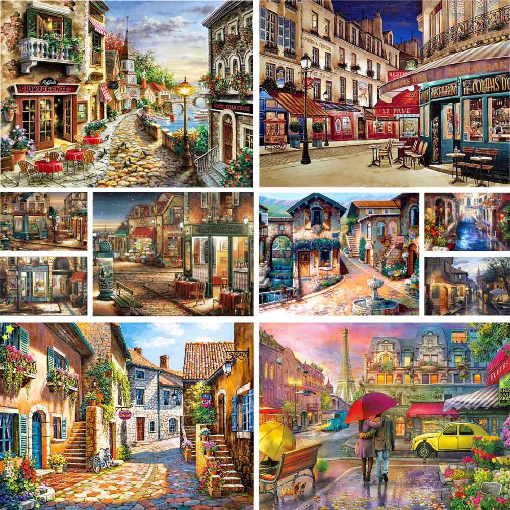 Landscape European Town Printed Canvas Cross Stitch Embroidery Full Kit Needlework Handiwork Craft Knitting Floss Counted cross stitch kit