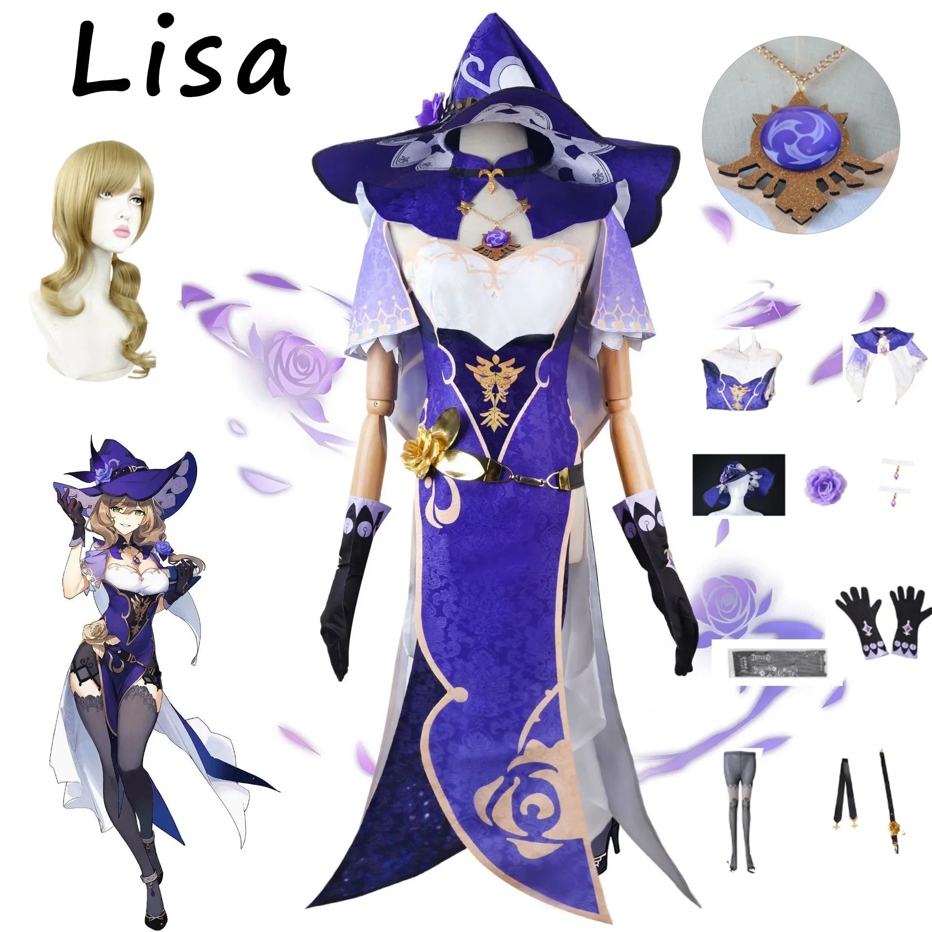 

Lisa Cosplay Genshin Impact Costume Shawl Hat Silk Stockings Leg Loop Wig Full Set Game Cos Halloween Carnival Party Costumes