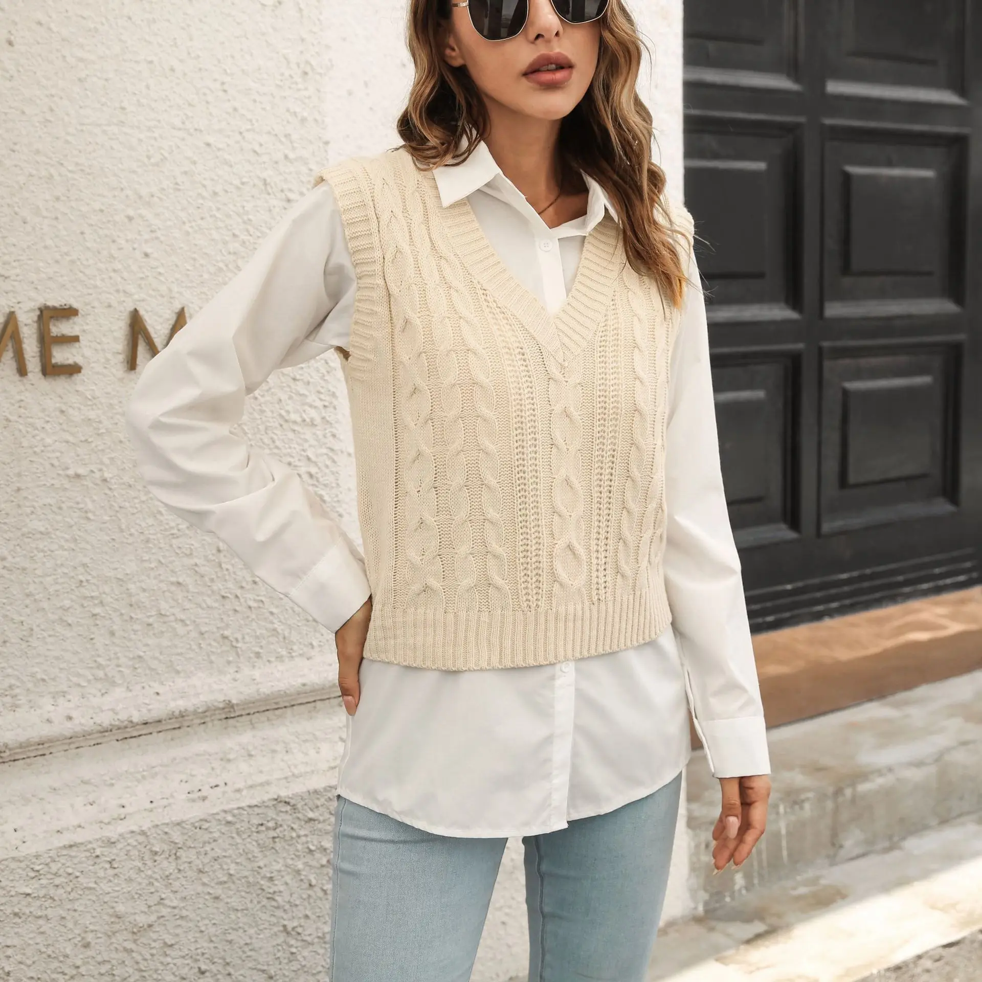 

Vintage pull Sweater Vest Loose Knitted Pull vest tops Autumn V-Neck Sleeveless Thick Casual Female Waistcoat Chic Tops Jumpers