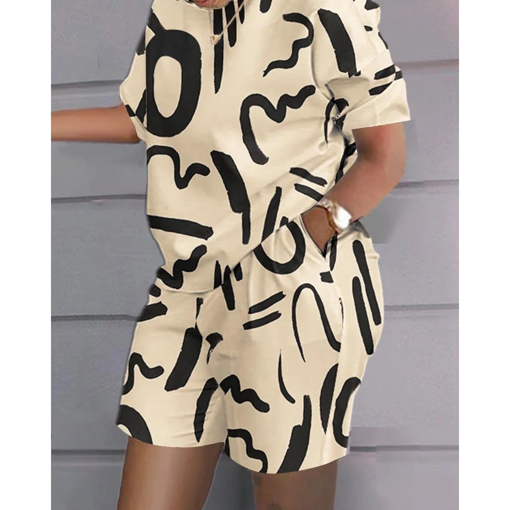 Women Queen Letter Print Top & Colorblock Shorts Set Female O-Neck Short Sleeve 2 Piece Casual Summer 2023 Outfits Clothing