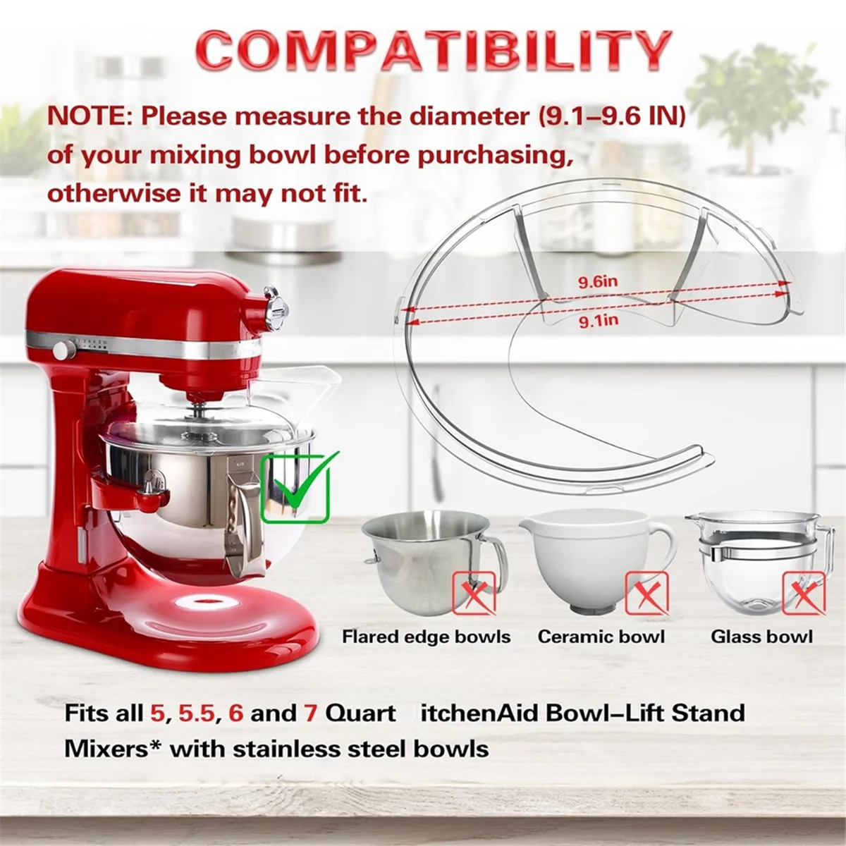 Pouring Shield for Kitchenaid 5.5 Quart, 6, 7, 8 Qt Stainless Steel Bowl-Lift Stand Mixer Accessories Splash Guard HOT